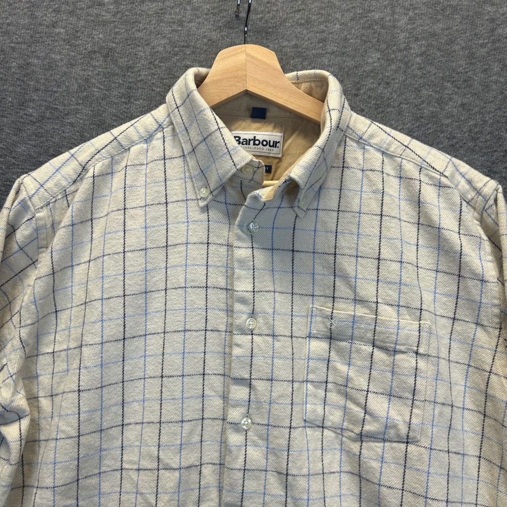 Barbour Mens Regular Fit Cotton Flannel Tattersall Check Shirt Cream Blue Size M